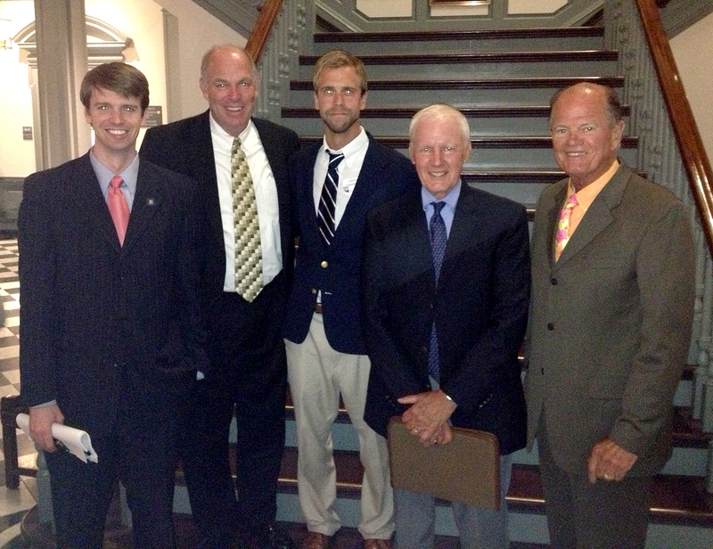 Shown in Legislative Hall are (l-r) Secretary of Natural Resources and Environmental Control Collin O’Mara, House Speaker Pete Schwartzkopf, D-Rehoboth, Delaware Center for Inland Bays Executive Director Chris Bason, Inland Bays Policy Coordinator Roy Miller and Sen. Dave McBride, D-Hawk's Nest. BY SUBMITTED PHOTOS